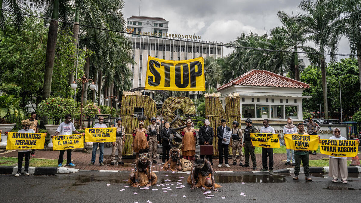 Greenpeace stages protest in Jakarta over Papua sugarcane project threatening forests and Indigenous lands