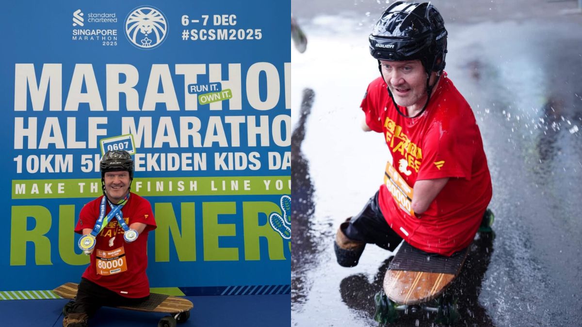 Man born without limbs impresses many after completing 42km on longboard at Singapore marathon