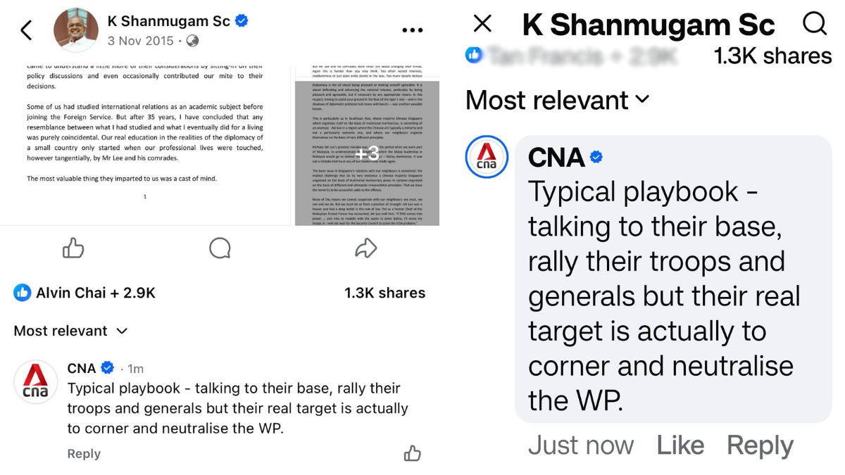Mediacorp files police report over alleged CNA comment on Shanmugam’s old post