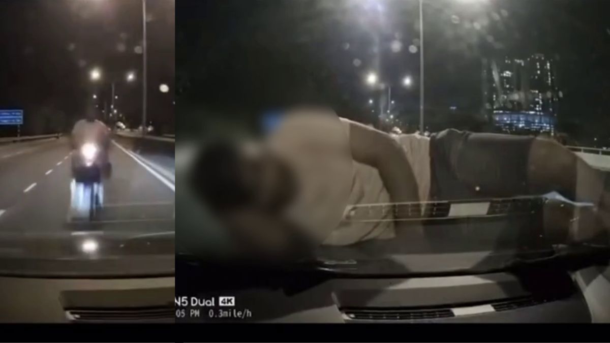 Wrong-way motorcyclist crashes into car in Johor, remains motionless on bonnet